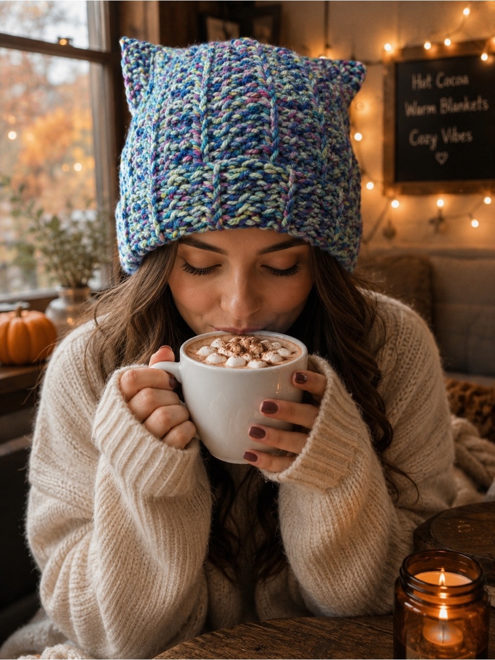 Crochet Cat Ear Beanie Multicolor Chunky Cozy Winter Hat